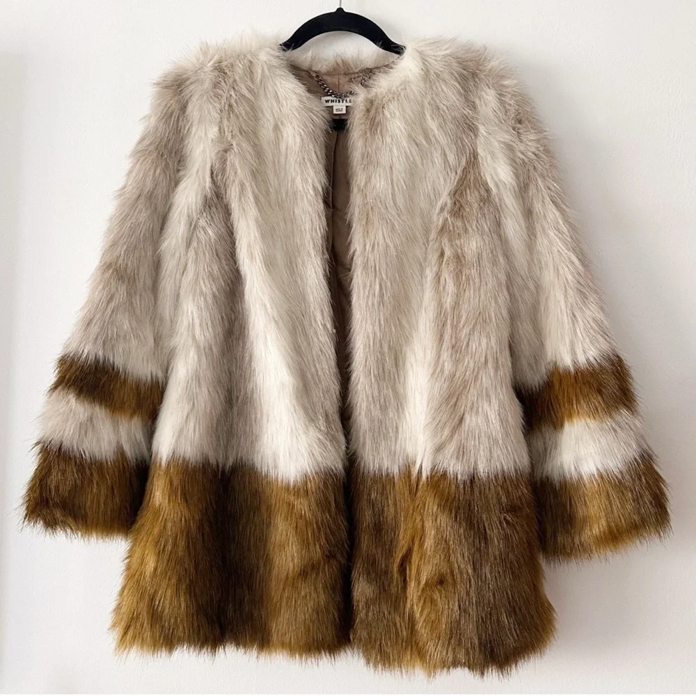 Whistles Duvall Faux Fur Jacket two tone‎ cream and tan size XS